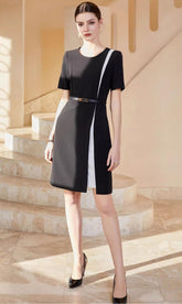 Sophisticated Belted Colorblock Sheath Dress